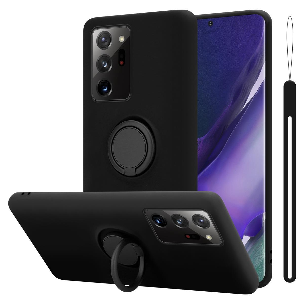 Custodia nera per telefono con anello di supporto. Il telefono è mostrato da diverse angolazioni.