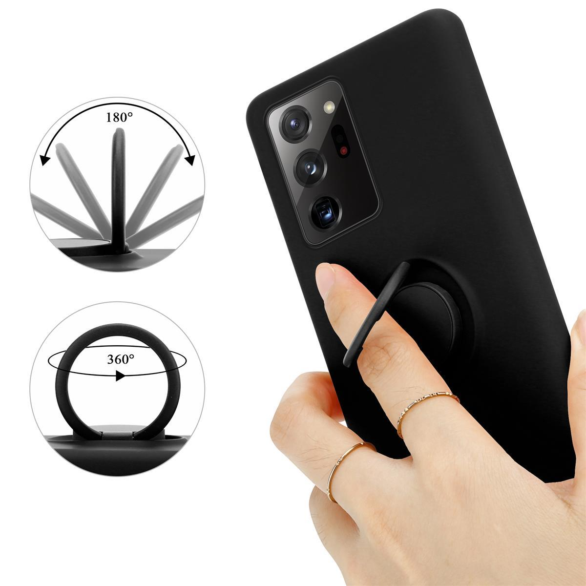 Telefono nero con un supporto ad anello. Una mano tiene l'anello. Due diagrammi mostrano la rotazione dell'anello.