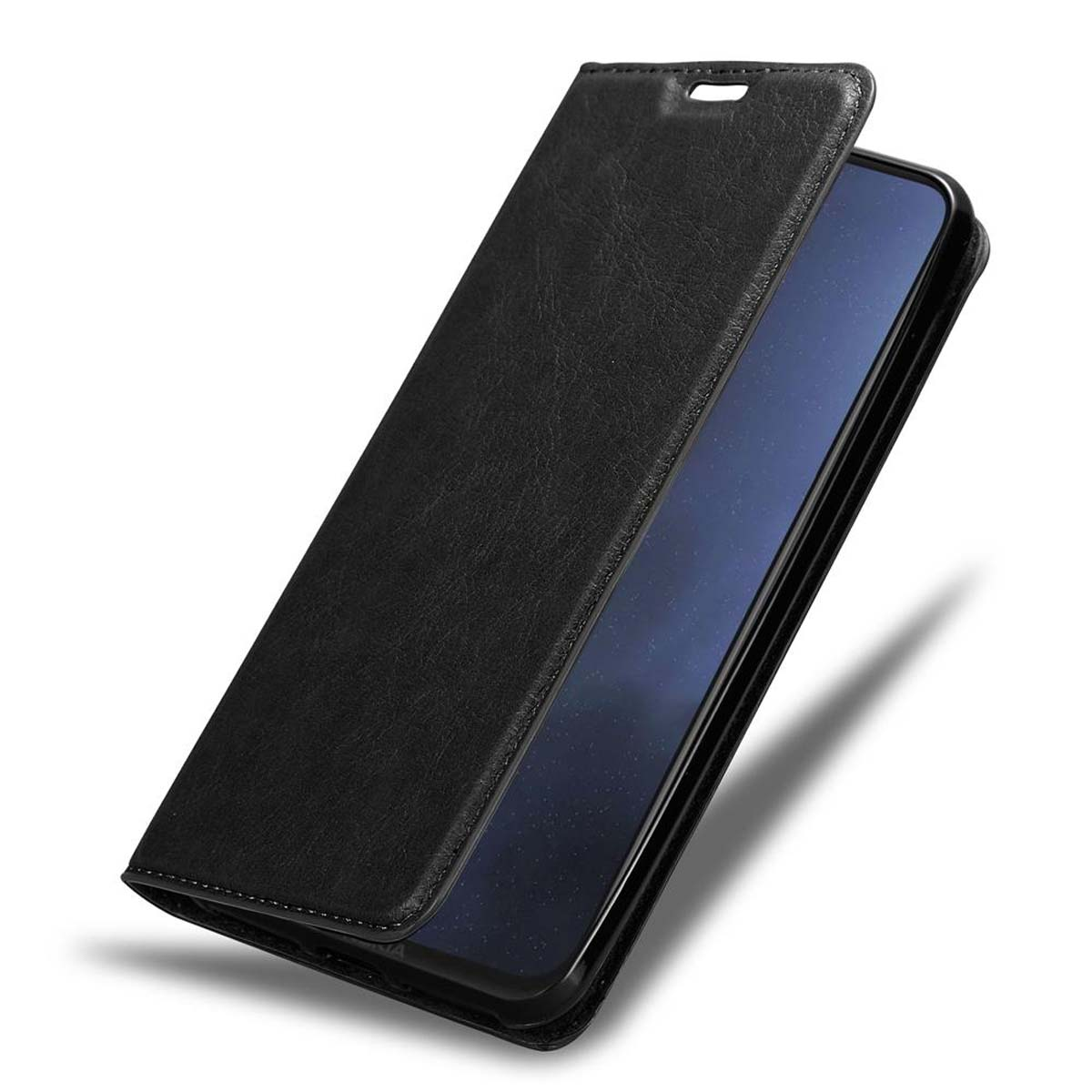Schwarze Leder-Handyhülle, offen, Telefon zeigend. Die Abdeckung ist nach links geklappt.