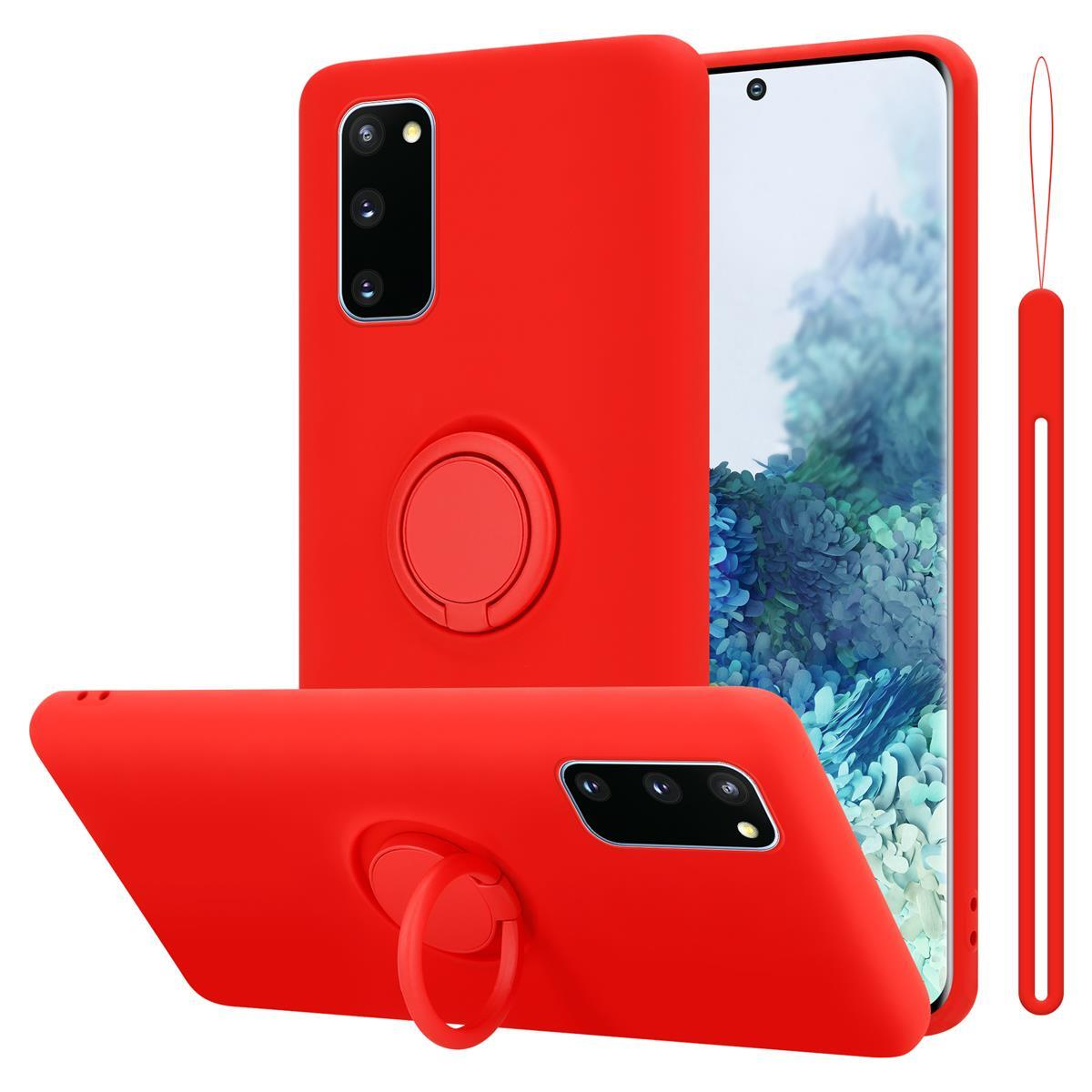 Drei Handyhüllen mit einem Handy, rote Farbe. Zwei Hüllen haben einen Ring. Rechts ist eine Schlaufe.