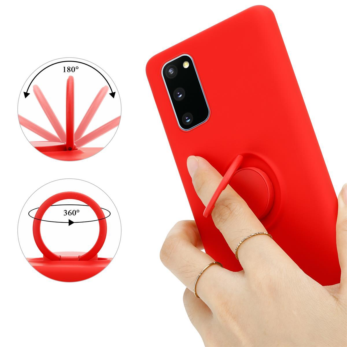 Rote Handyhülle mit Ringständer, ausgeklappt, verwendet und Diagramme zur Bewegung. Hand hält sie.