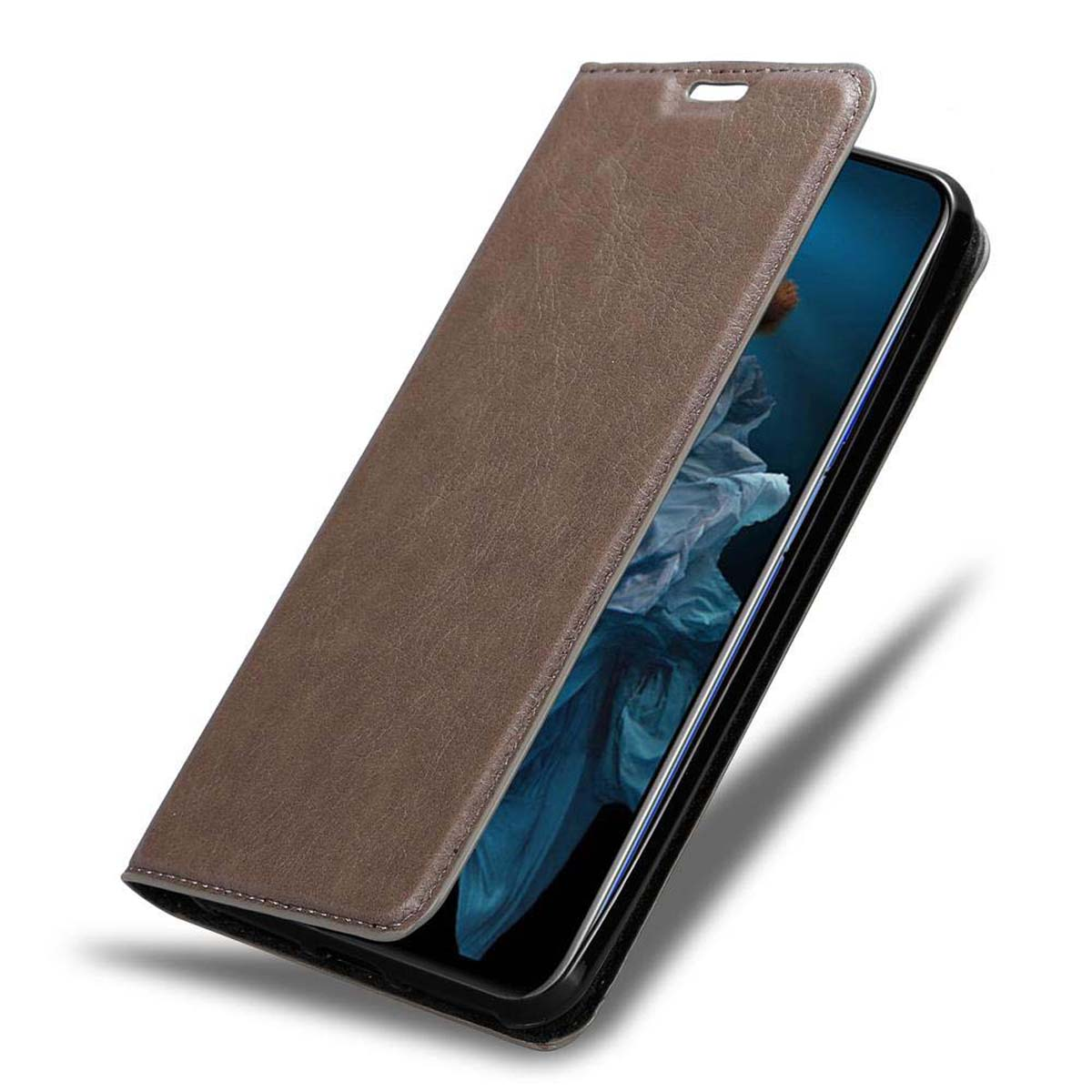 Eine braune Leder-Handyhülle, geöffnet, um ein Telefon mit einer blau-weißen Grafik auf dem Bildschirm zu zeigen.