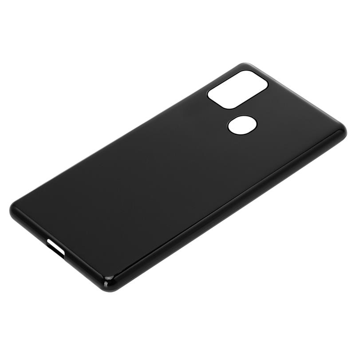 Eine schwarze Handyhülle. Die Rückseite der Hülle wird gezeigt, mit Ausschnitten für die Kamera.