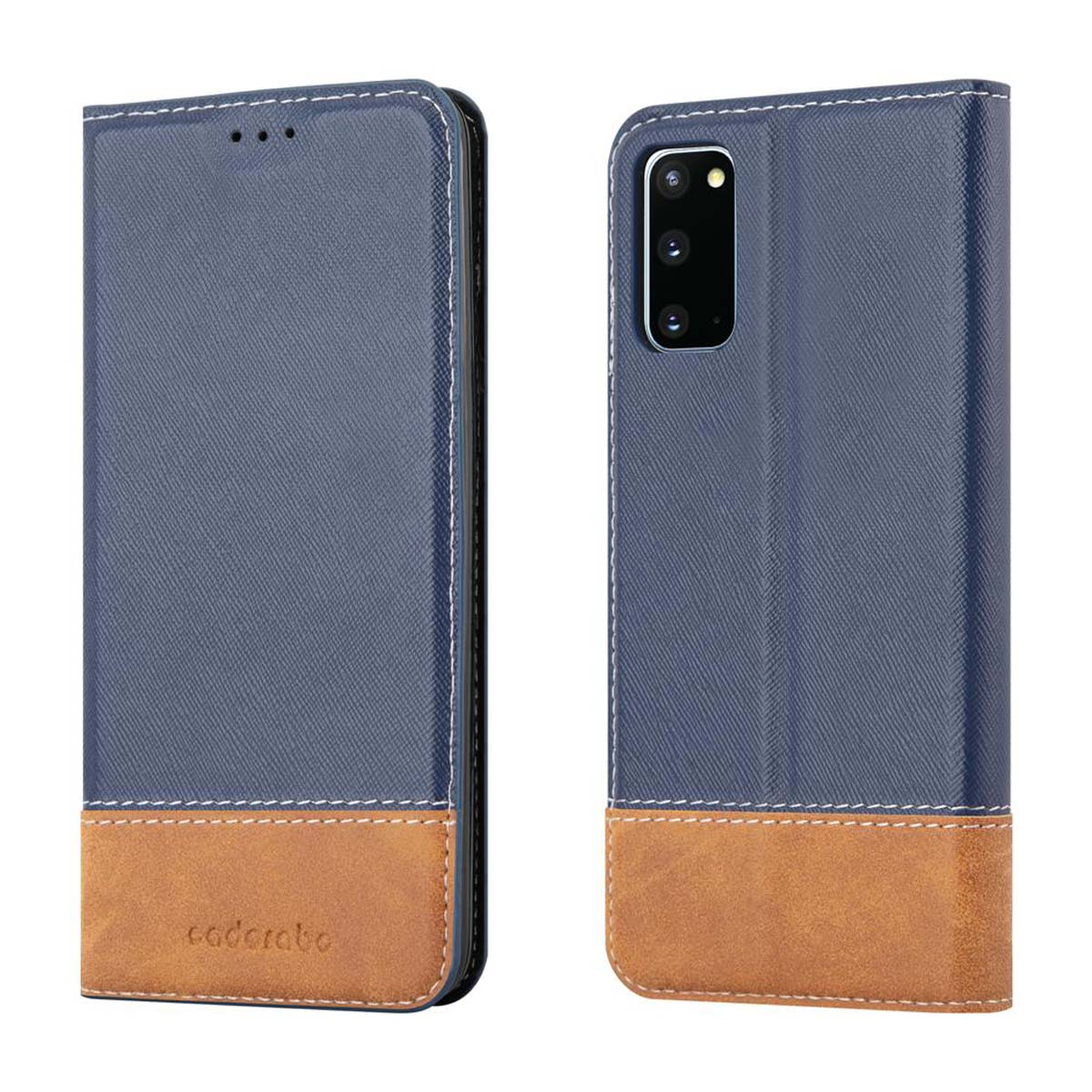 Custodia per telefono blu e marrone aperta. La custodia del telefono è a portafoglio con un telefono all'interno.