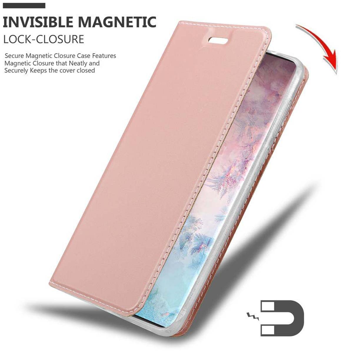 Un portafoglio rosa per telefono che si apre per rivelare un telefono. Viene mostrato un magnete.
