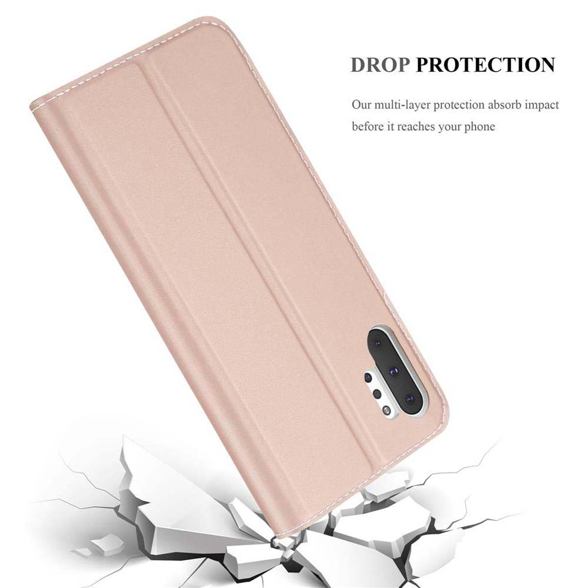 Una custodia per telefono con un design rosa e una superficie rotta. Il testo spiega la protezione dalle cadute.