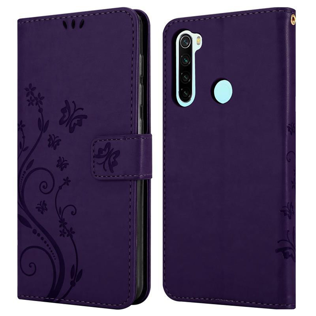 Custodia per telefono viola, decorata con un design floreale. Due viste, che mostrano gli stati chiuso e aperto.