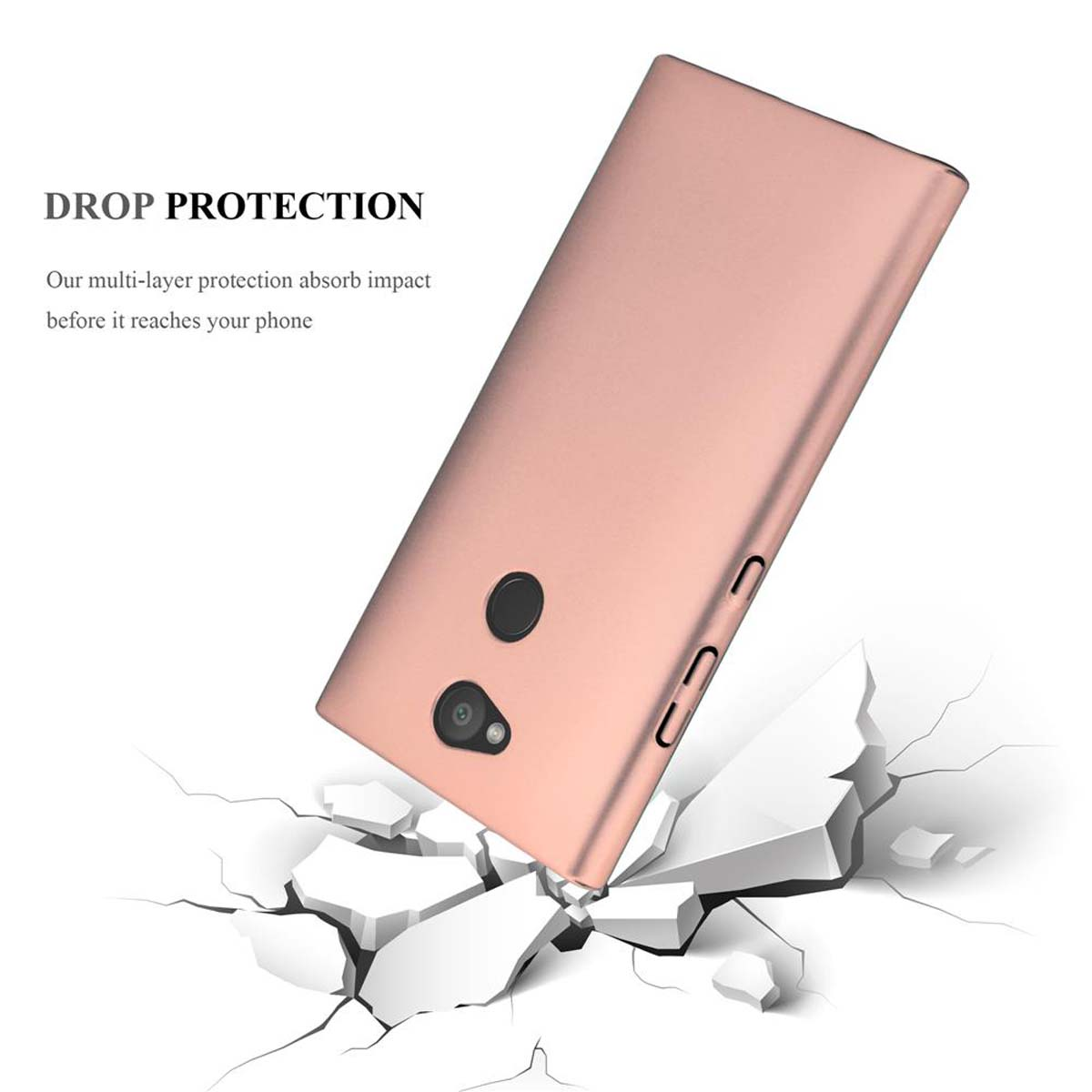 Custodia rosa per telefono su una superficie bianca. Testo protezione dalle cadute. La custodia è aperta.