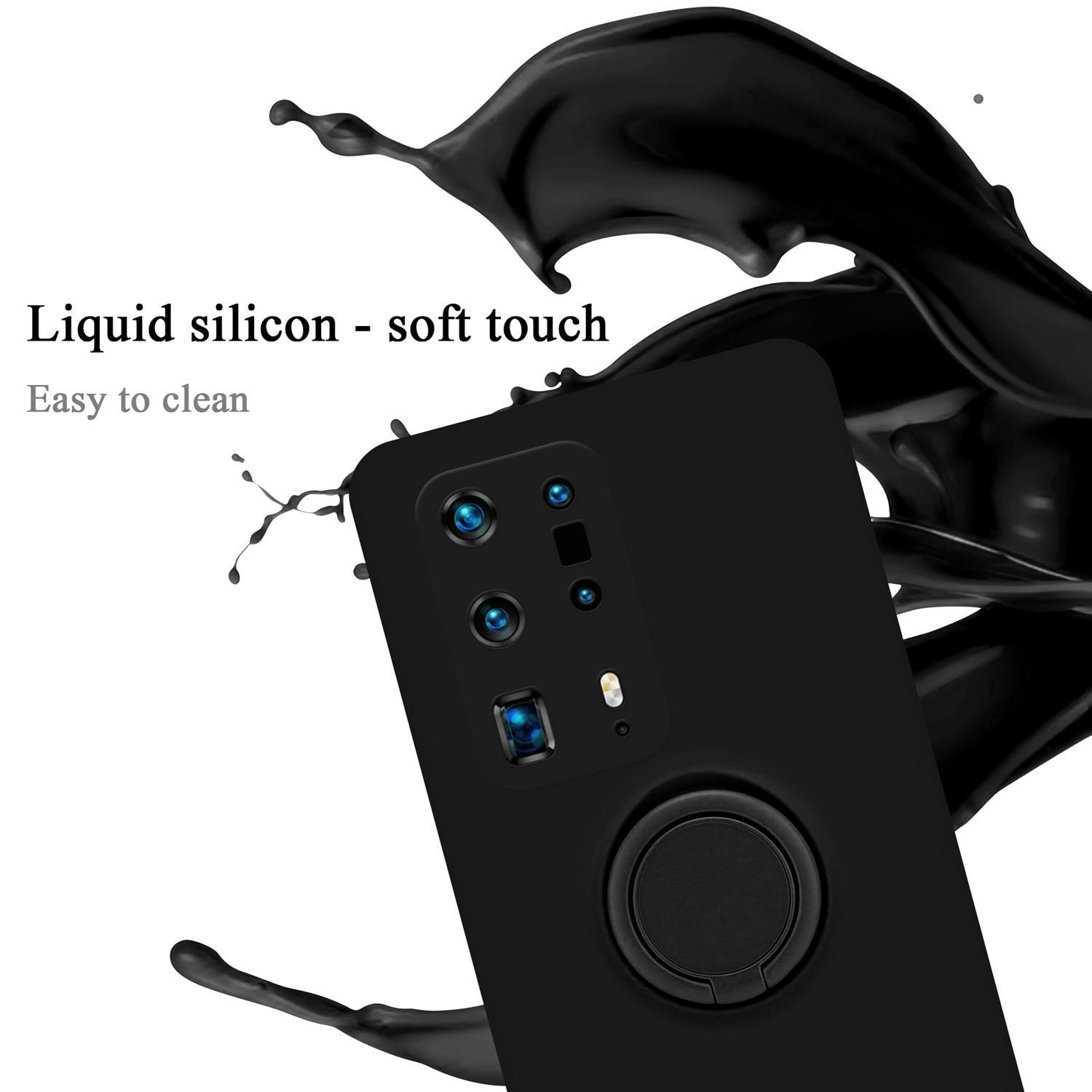 Custodia per telefono nera con spruzzo di liquido nero. Focus sull'anello della fotocamera e sul supporto ad anello.
