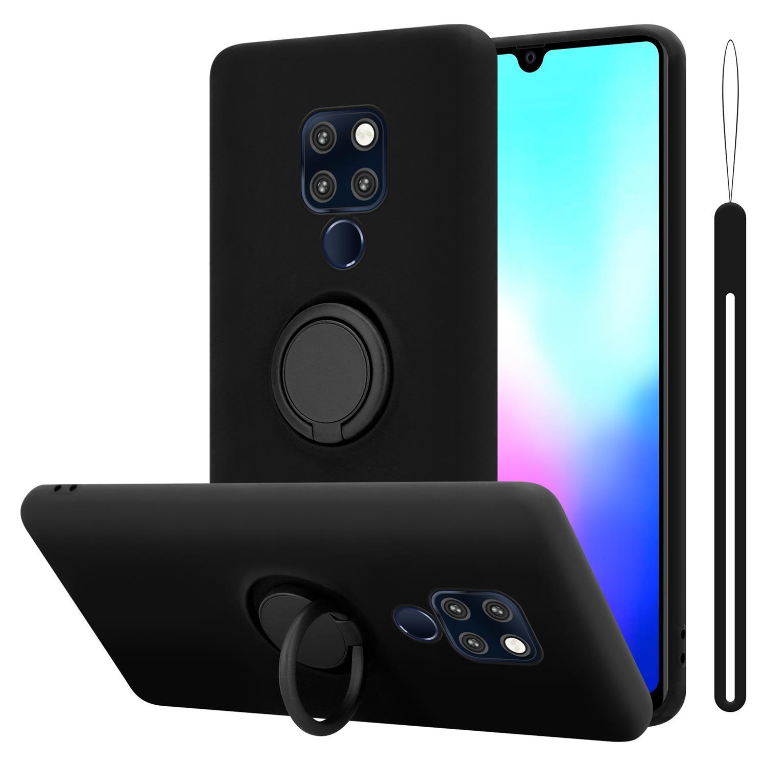 Custodie per telefono nere con supporto ad anello. Una custodia ha un telefono. Sfondo bianco.