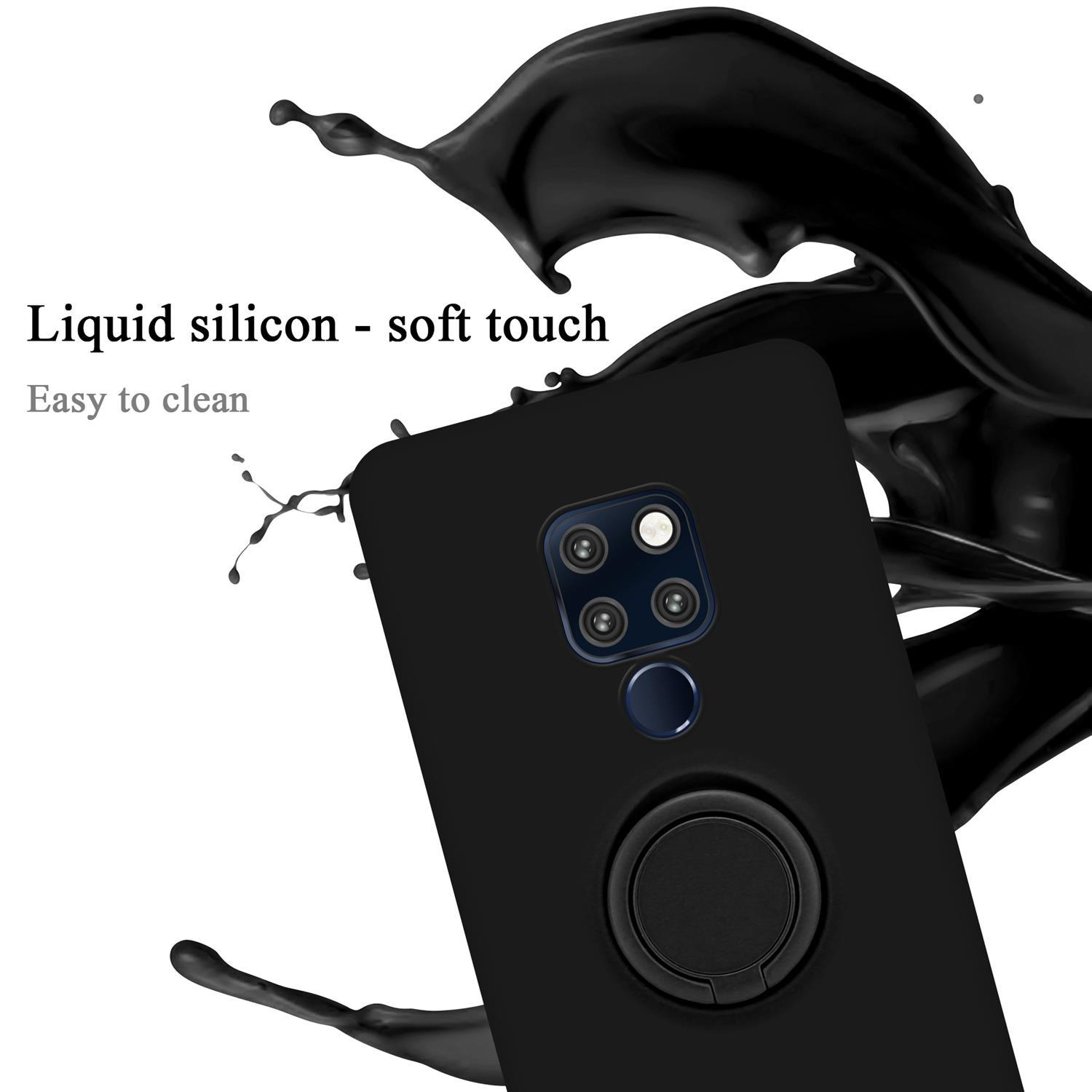 Custodia per telefono nera con supporto ad anello, circondata da schizzi di vernice nera. Testo: 'Silicone liquido - tocco morbido'.