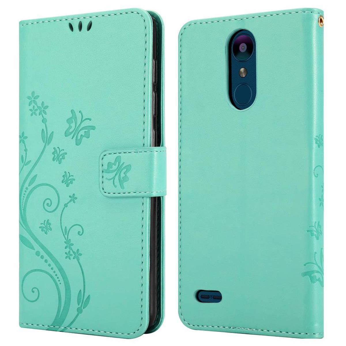 Custodia per telefono in due parti, verde acqua chiaro, con design floreale. Un lato aperto, l'altro chiuso con chiusura. Sfondo bianco.