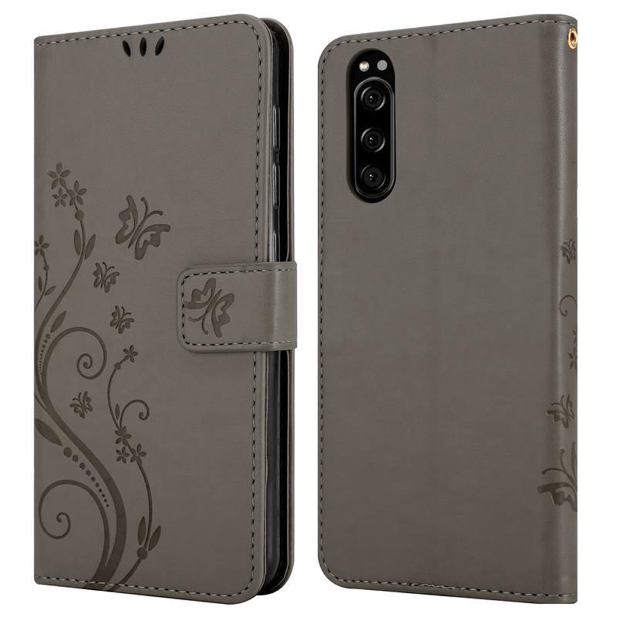 Custodia grigia per telefono con design floreale. Aperta per rivelare il telefono. Sfondo bianco.