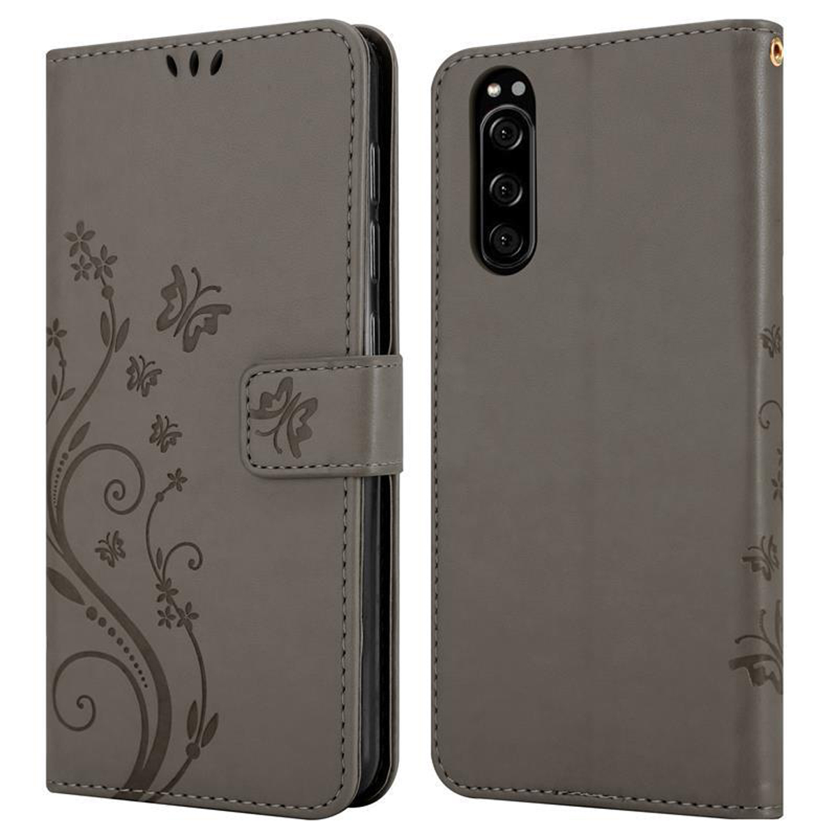 CADORABO Custodia in design floreale con chiusura magnetica, funzione stand e slot per carte CUSTODIA A LIBRO per Xperia 5, Grigio