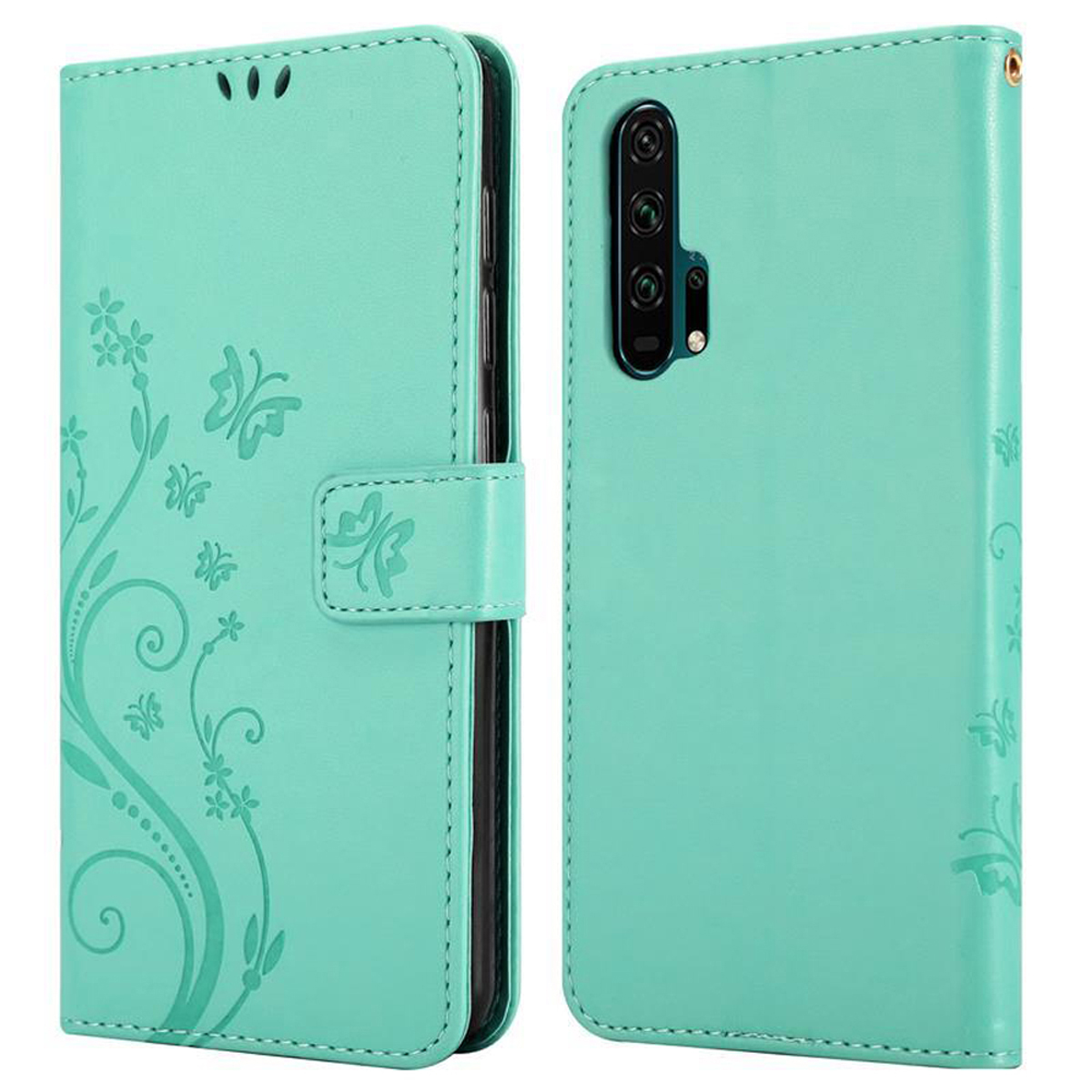 Custodia per telefono verde acqua con design floreale e chiusura. A sinistra il design, a destra il telefono.