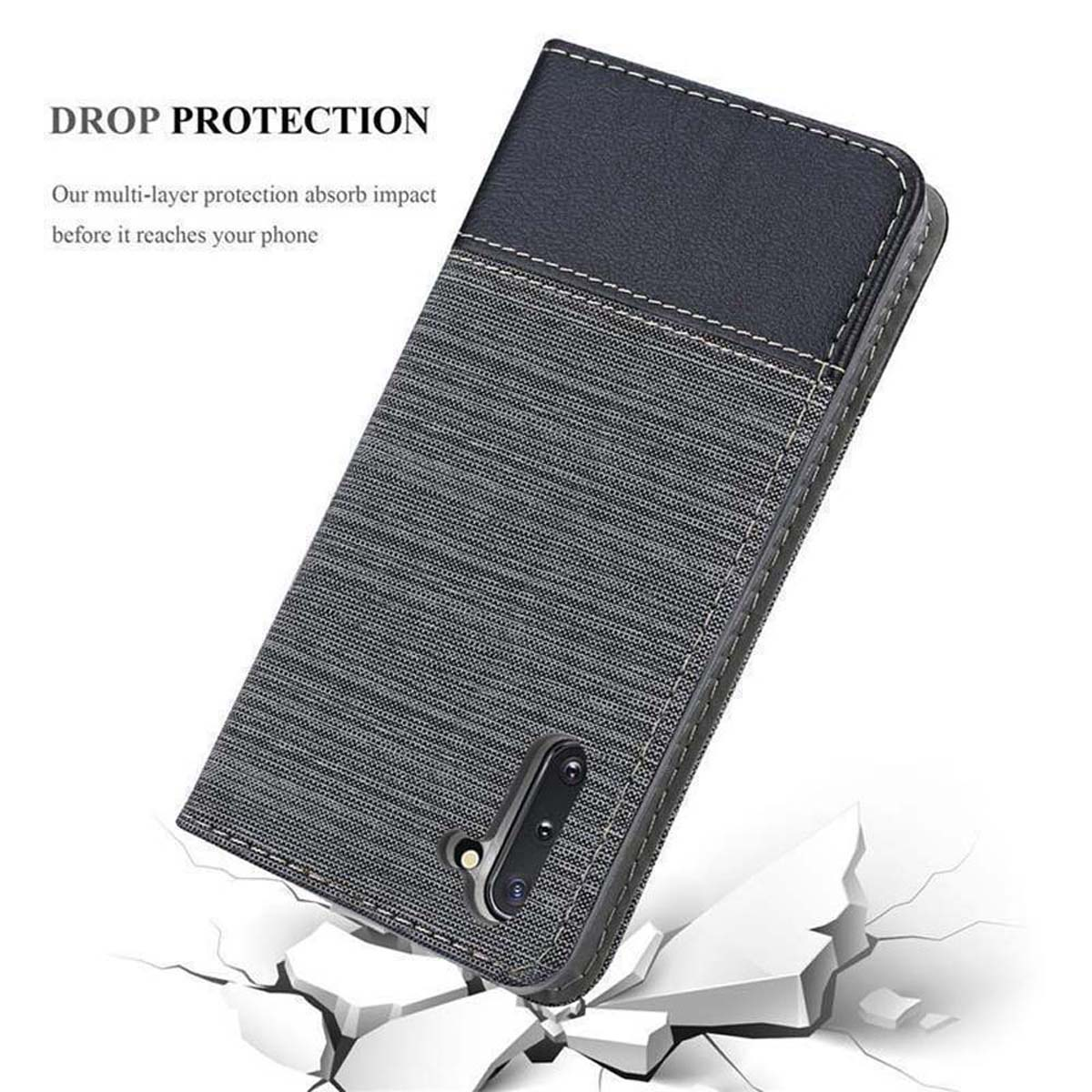Handyhülle mit grauem und schwarzem Design, mit einem Telefon im Inneren und Text zum Fallschutz.