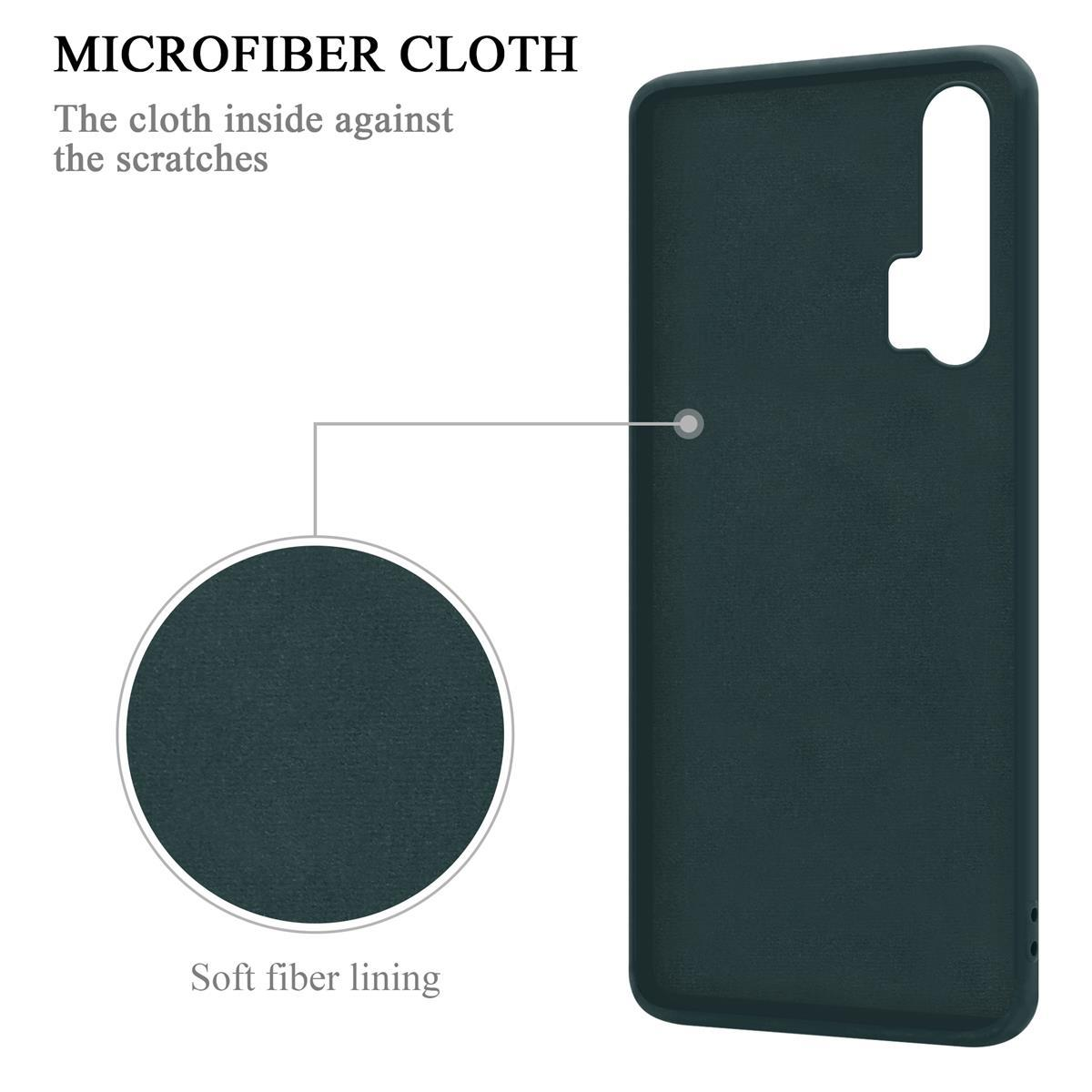 Custodia per telefono verde scuro con un panno in microfibra all'interno. Sfondo verde scuro.