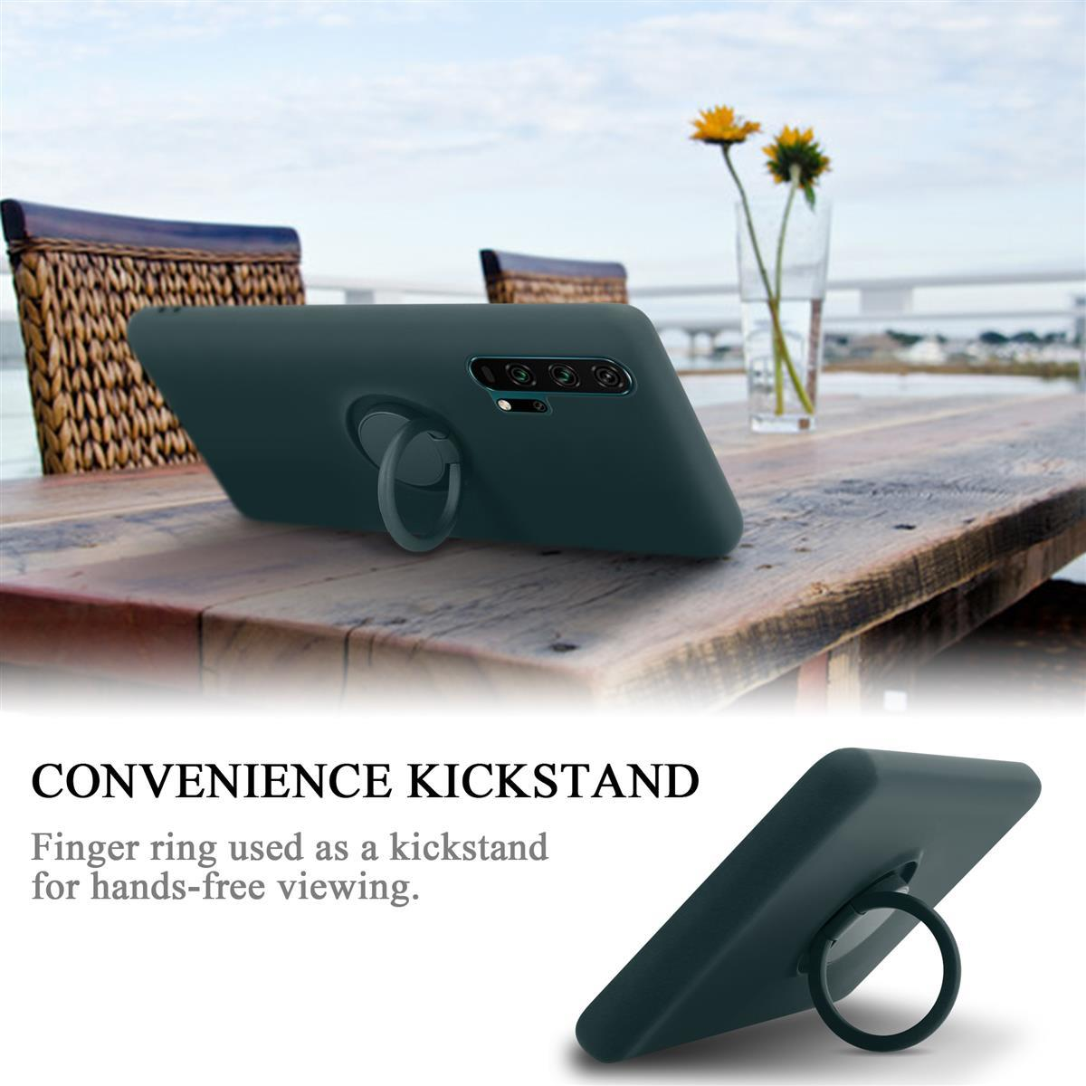 Telefono verde scuro con supporto ad anello. Il testo dice: Cavalletto di convenienza. Anello per la visualizzazione a mani libere.