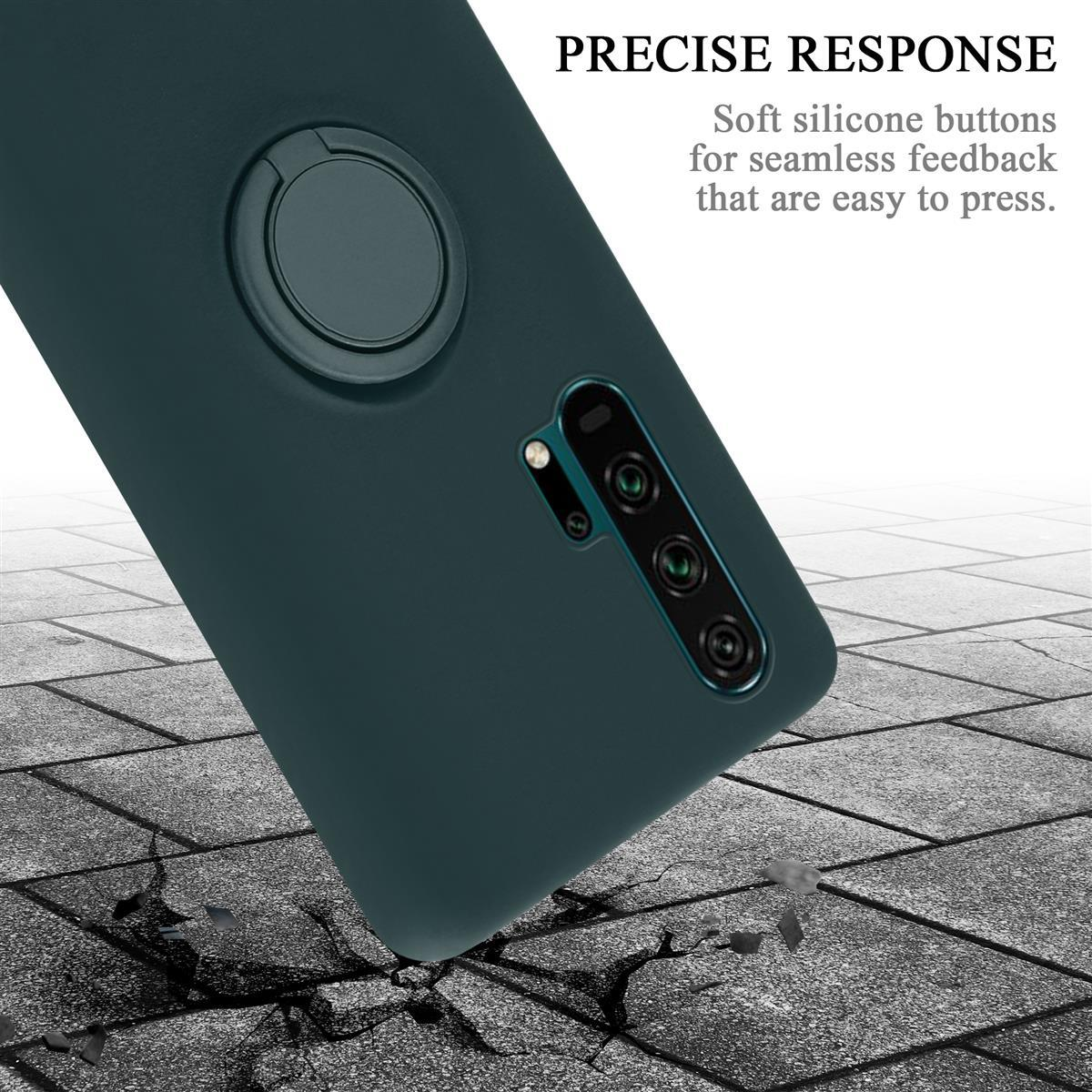 Custodia per telefono verde scuro su superficie grigia incrinata, con fotocamera e anello.