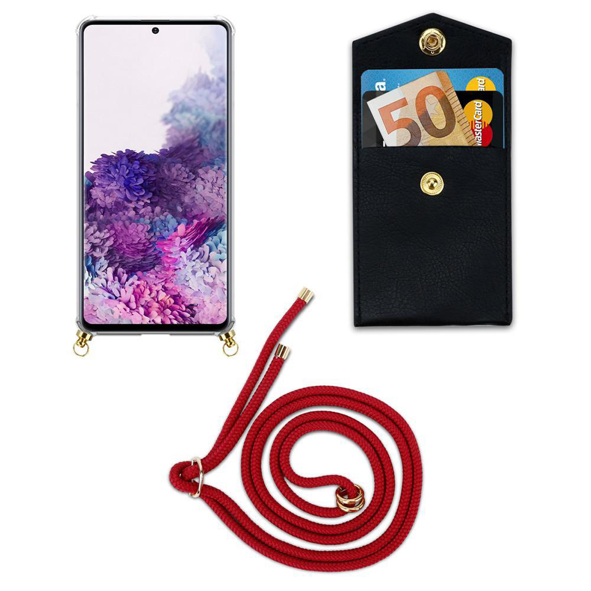 Telefono con custodia e cordino, più un portafoglio nero separato con carte e contanti. Bianco.