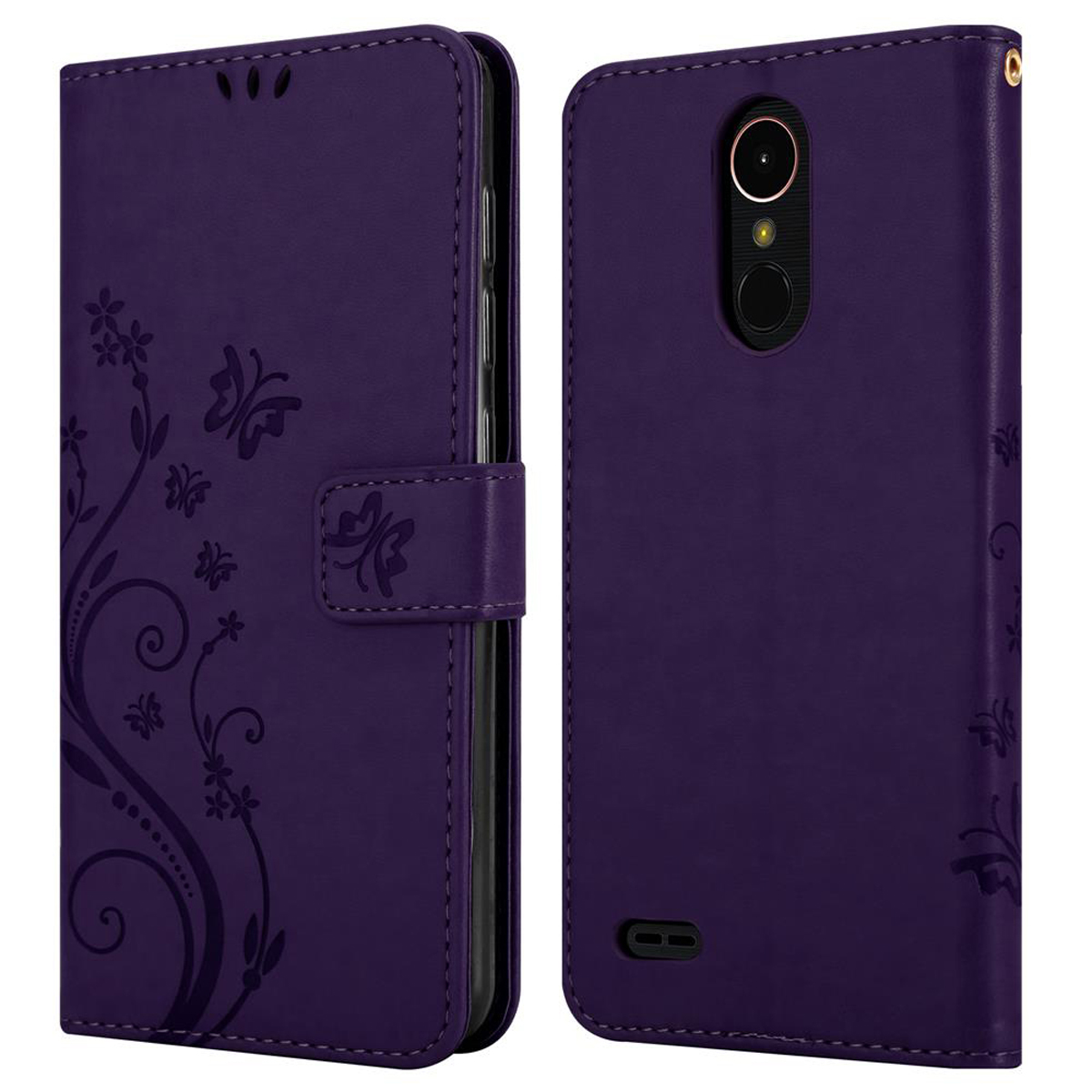 Custodia per telefono viola con design floreale. La custodia mostra la parte anteriore e posteriore del telefono.