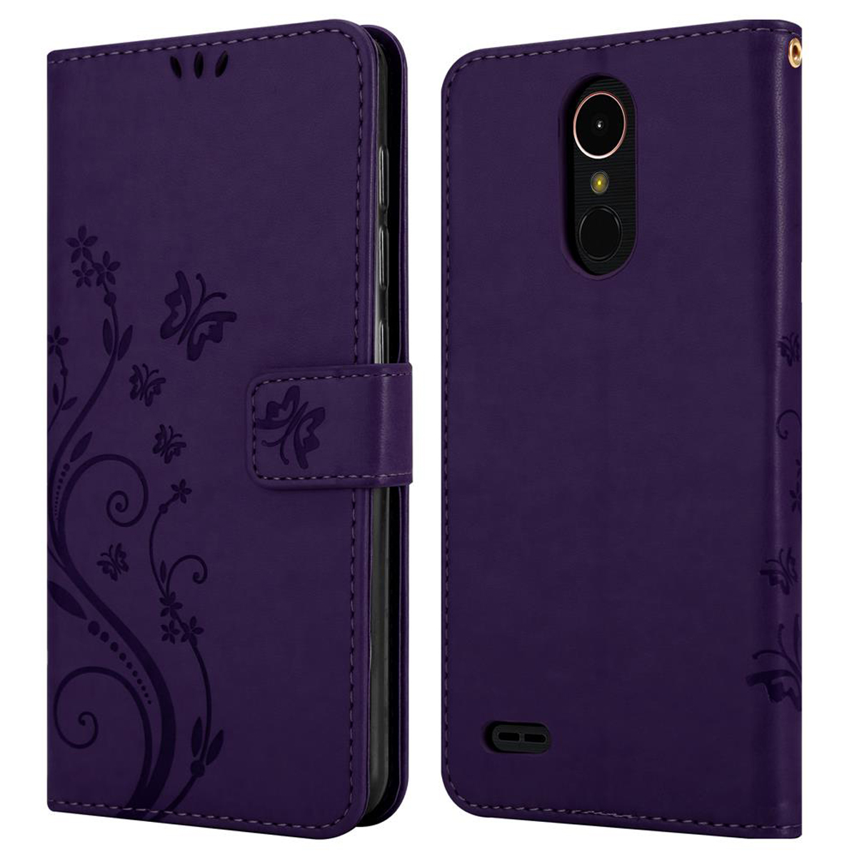 Custodia viola per telefono. La custodia è viola con un disegno floreale. Lo sfondo è bianco.