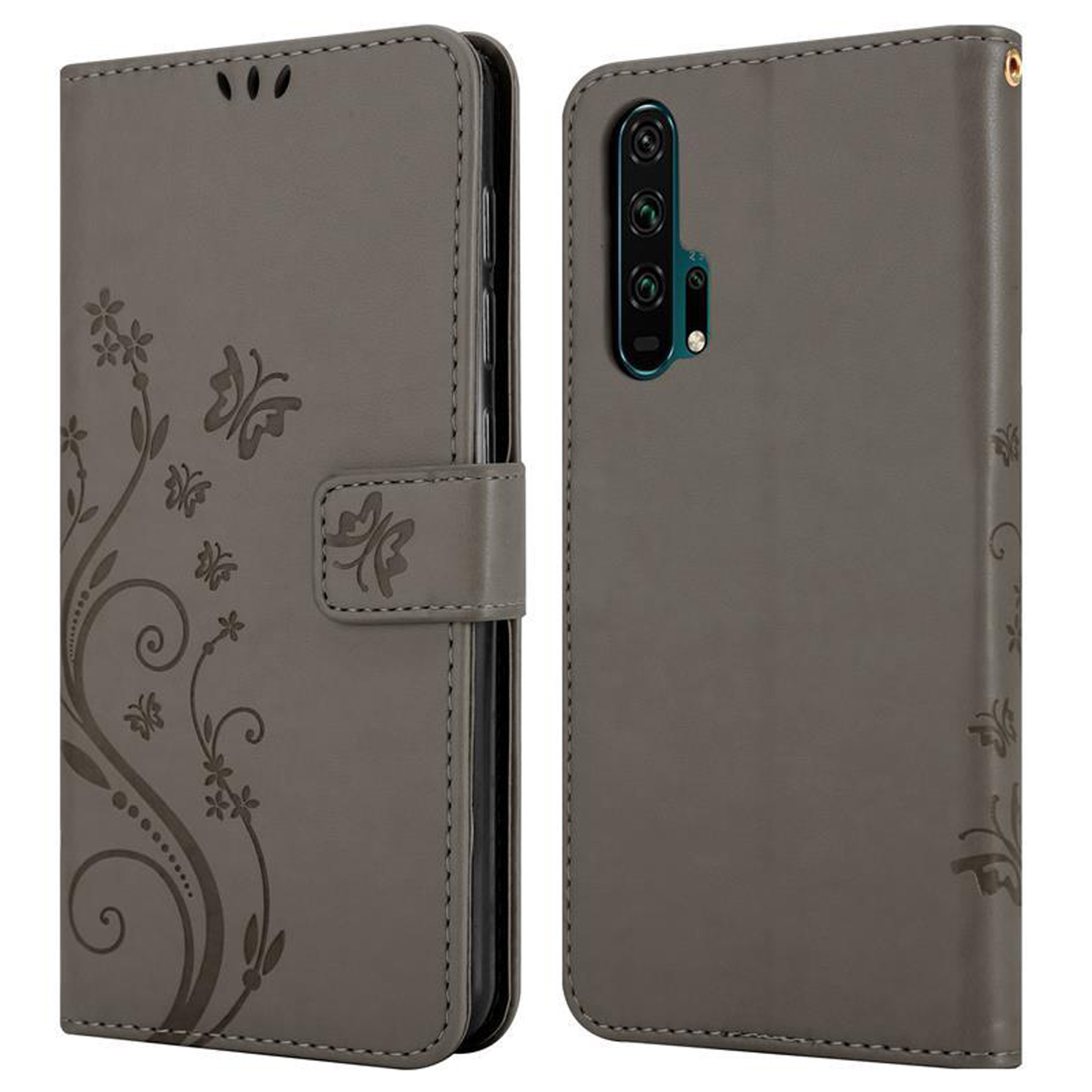 Custodia grigia per telefono con design floreale e farfalle. Vista aperta e chiusa.