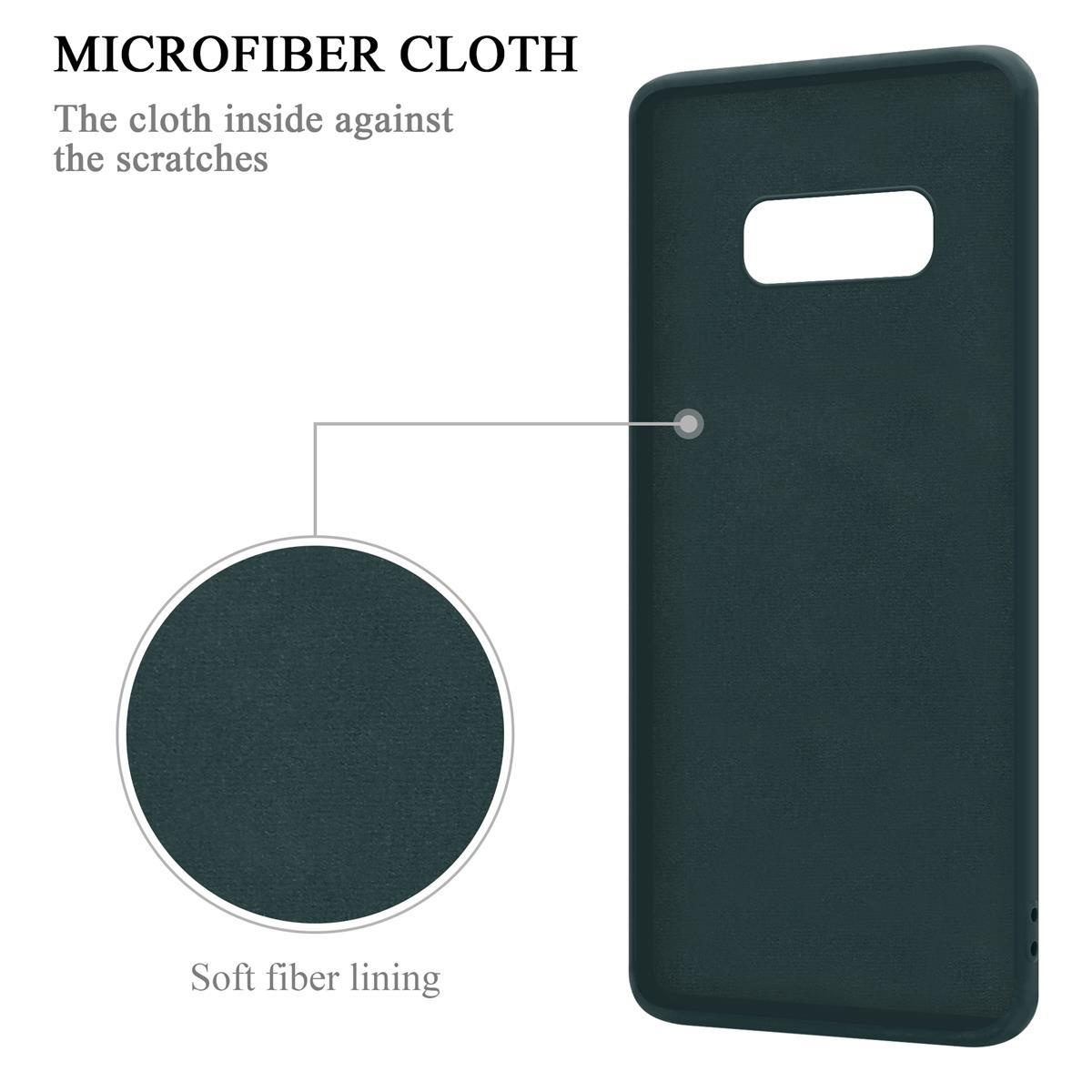 Custodia per telefono blu scuro con primo piano della morbida fodera. Testo: Panno in microfibra.