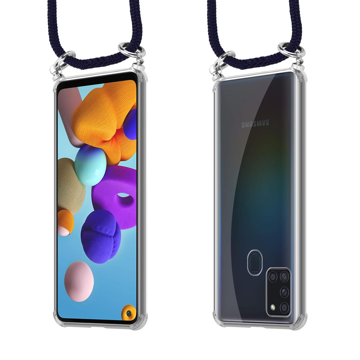 Un telefono in una custodia trasparente con un cinturino in corda nero e rosso. Il telefono ha un logo Samsung.