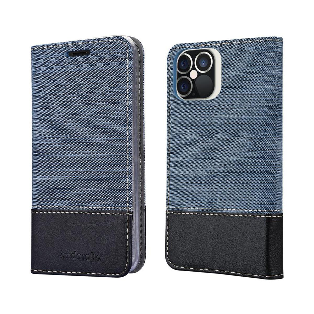 Custodia per telefono blu e nera. La custodia è in denim e pelle. Il telefono non è visibile.