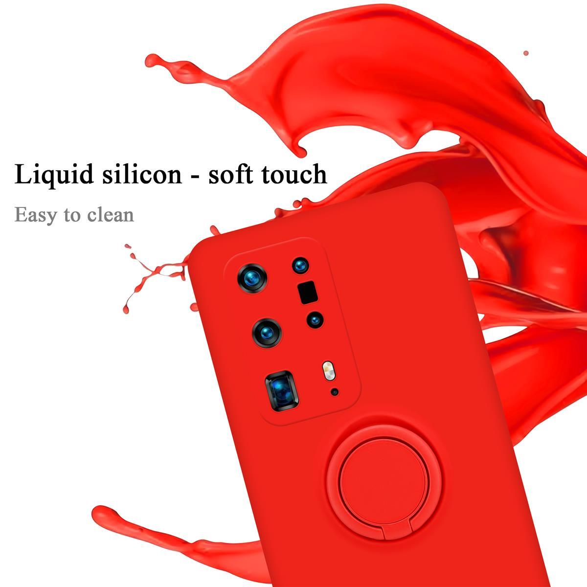 Una custodia per telefono rossa con supporto ad anello e testo. Liquido rosso schizza intorno.
