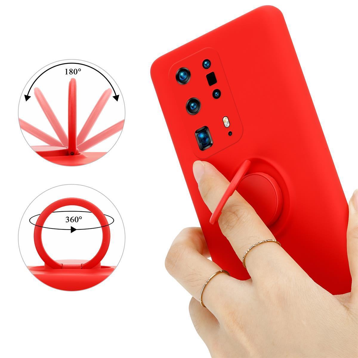 Custodia per telefono rossa con anello di supporto, con due diagrammi del movimento dell'anello e una mano.
