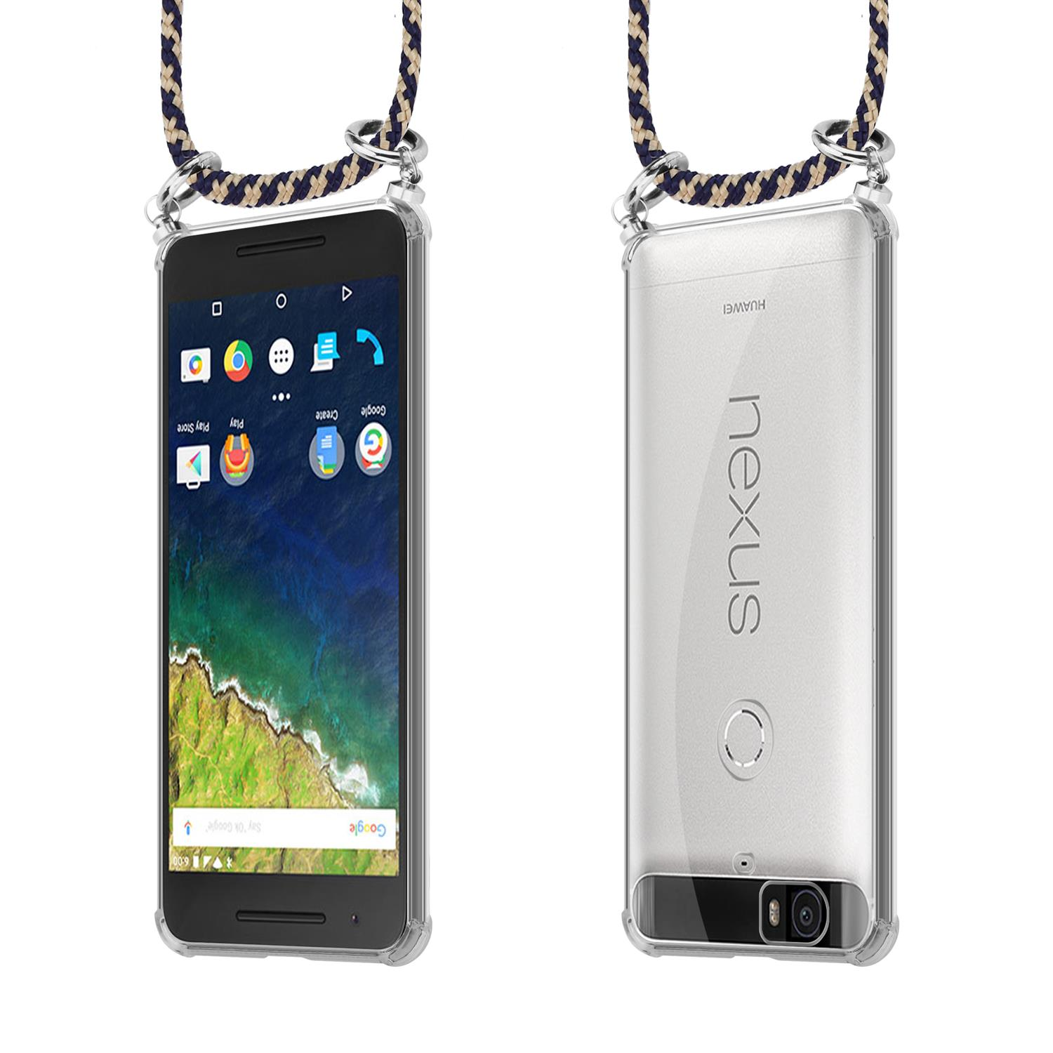 CADORABO Handy Kette mit Band Silber Ringen, Huawei, NEXUS DUNKELBLAU 6P, Google Hülle, Backcover, und Kordel GELB abnehmbarer