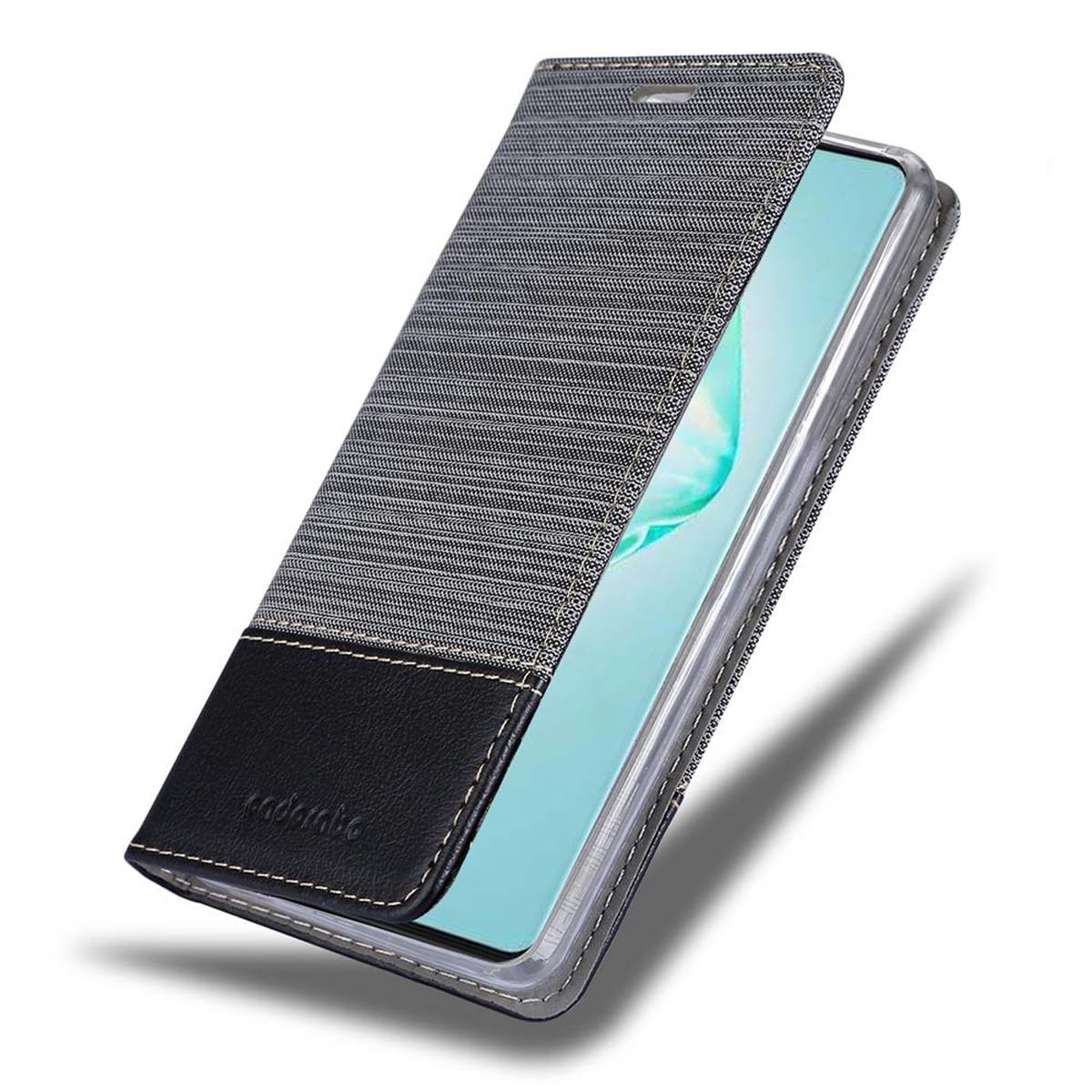 Ein Telefon in einer transparenten Hülle mit einer grau-schwarzen Stoffhülle, teilweise geöffnet.
