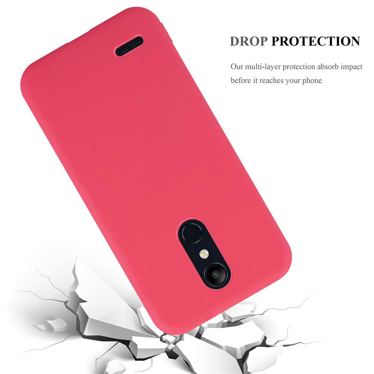 Custodia rossa per telefono con fotocamera nera. Sfondo bianco con effetto suolo crepato.