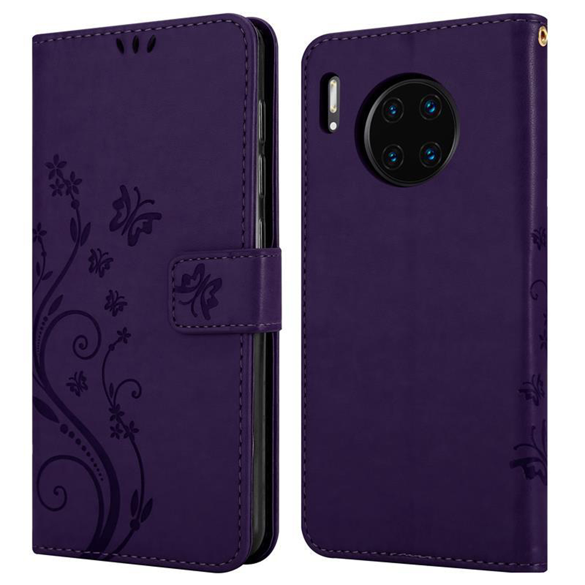 Una custodia per telefono viola, fronte e retro, con un design floreale. Il fronte ha una chiusura.