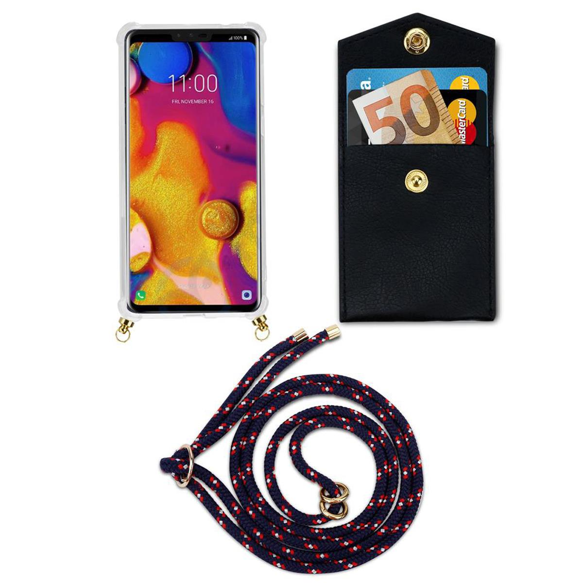 Telefon mit Hülle, Kartenhalter und Lanyard mit rot-blauem Kordel.