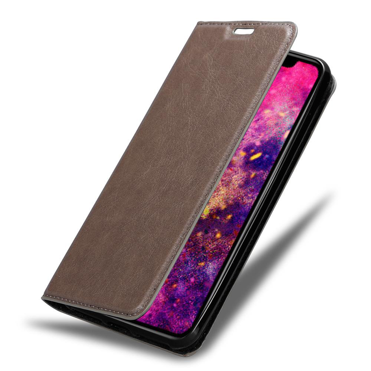 Braune Handyhülle. Die Hülle ist geöffnet und zeigt ein Telefon. Der Hintergrund ist weiß.