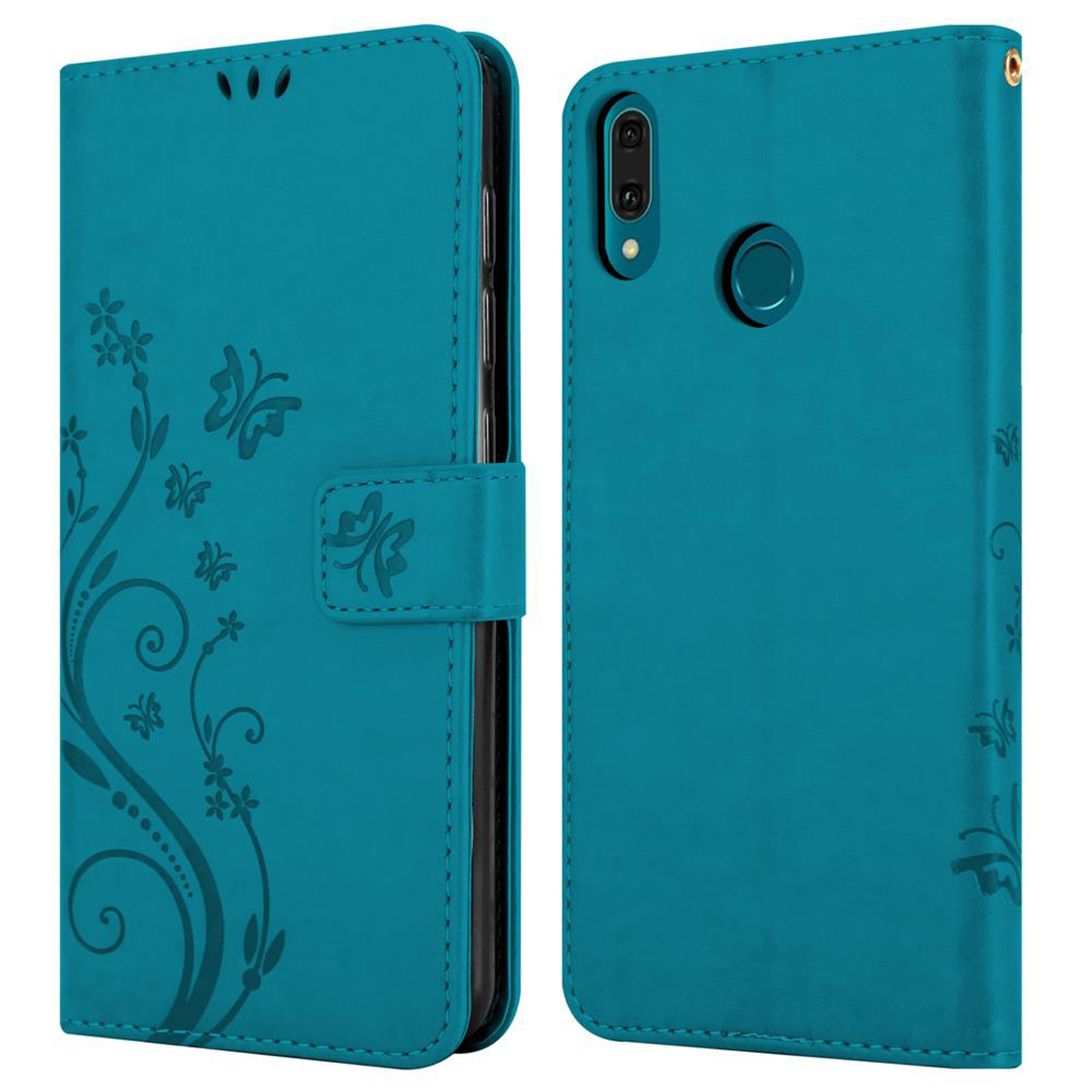 Funda de teléfono de cuero verde azulado, abierta y cerrada.