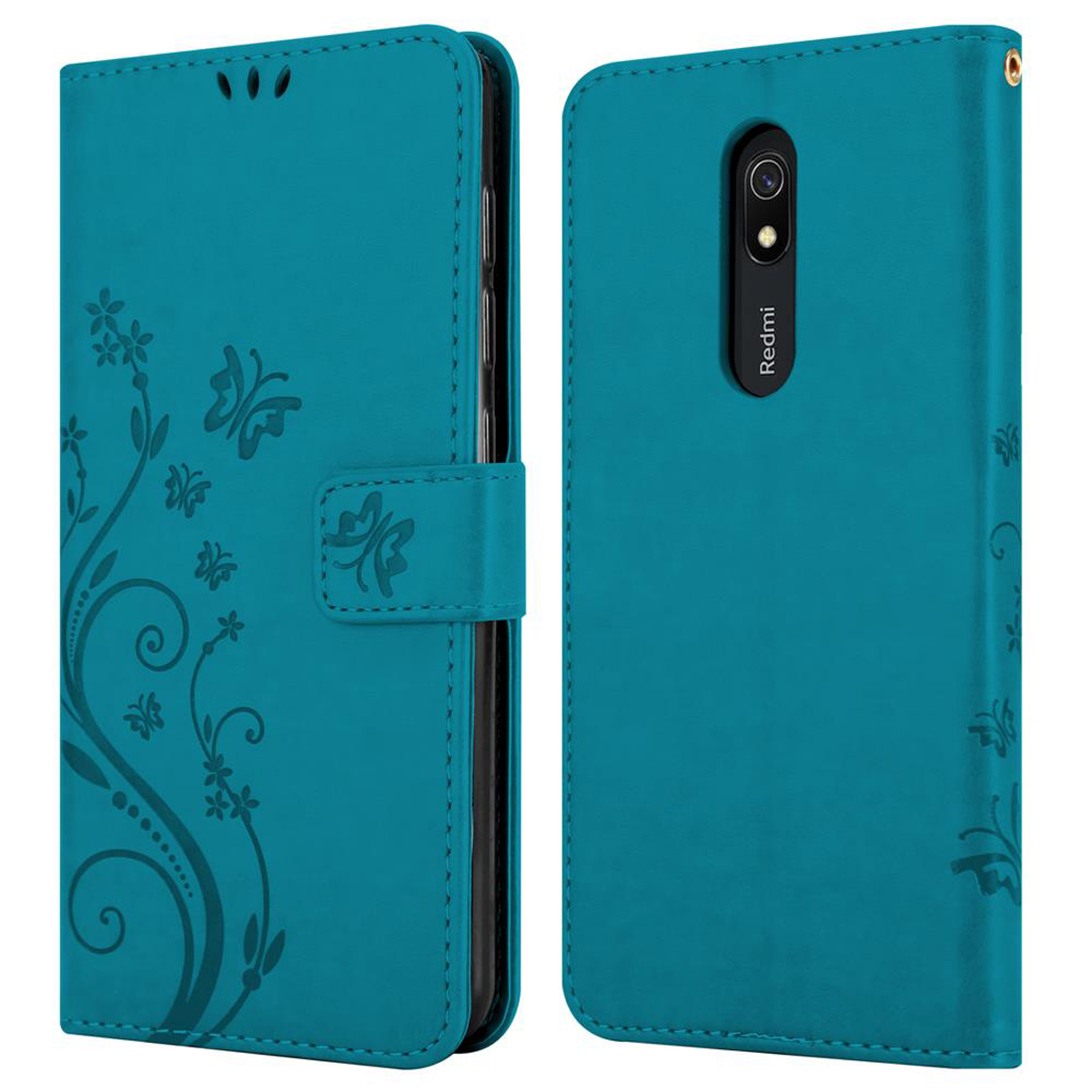 Türkisfarbene Handyhülle, offen und geschlossen. Blumendesign auf der Vorderseite. Telefon rechts.