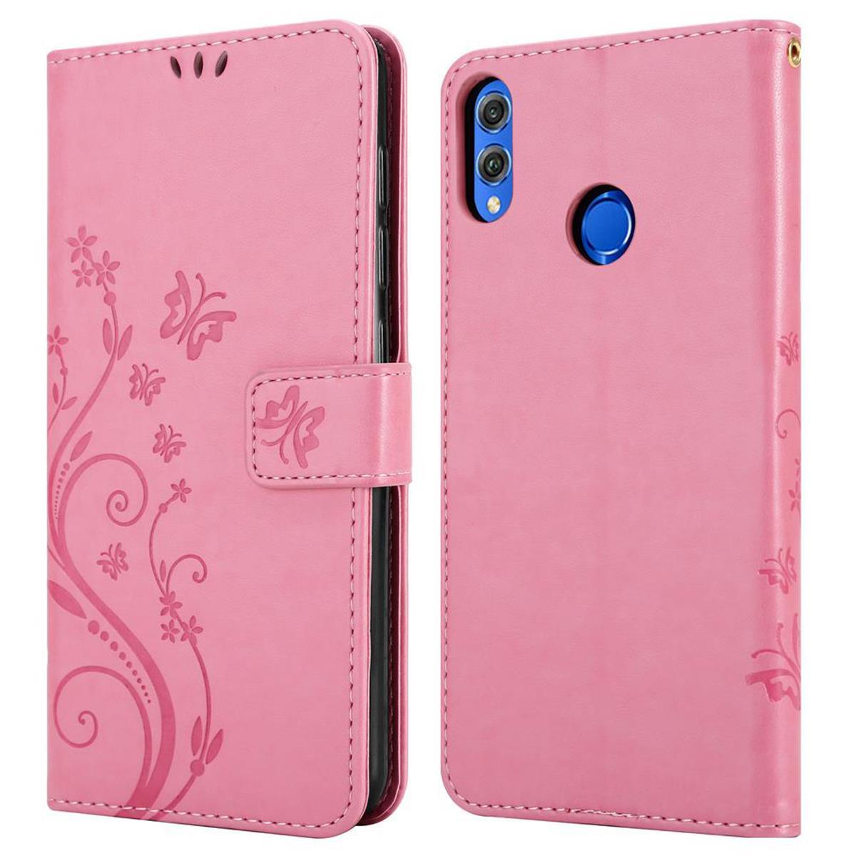 Custodia per telefono rosa, aperta e chiusa, con design floreale. Viste anteriore e posteriore.