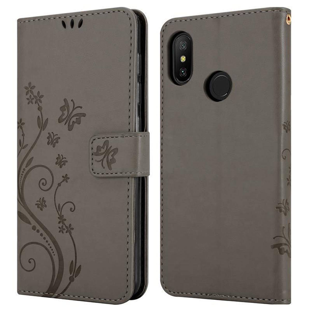 Graue Handyhülle mit floralem Design und Magnetverschluss. Rückseite mit Aussparungen für Kamera und Fingerabdruck.