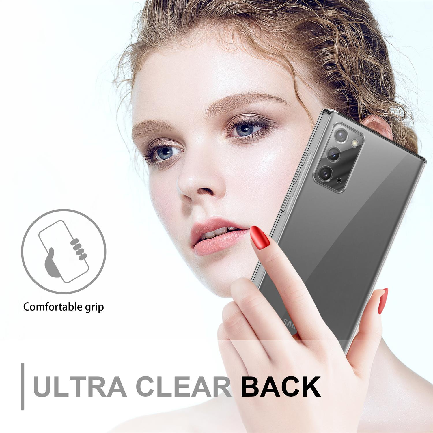Una donna tiene in mano un telefono in una custodia trasparente. Il testo recita Ultra Clear Back e Comfortable grip.