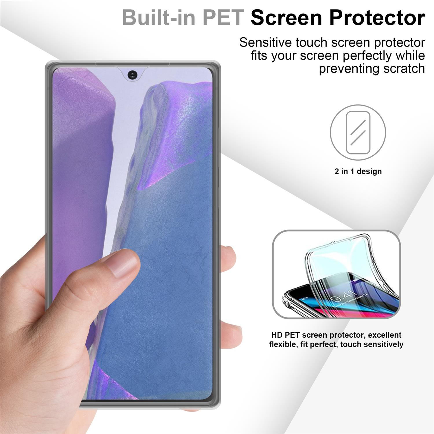 Mano che tiene un telefono con una protezione per lo schermo e un diagramma che mostra la protezione.