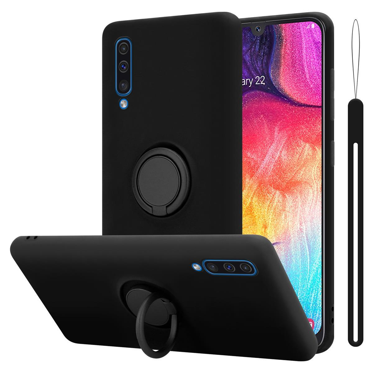 Custodia nera con anello e cinturino nero. Il telefono ha uno schermo colorato.