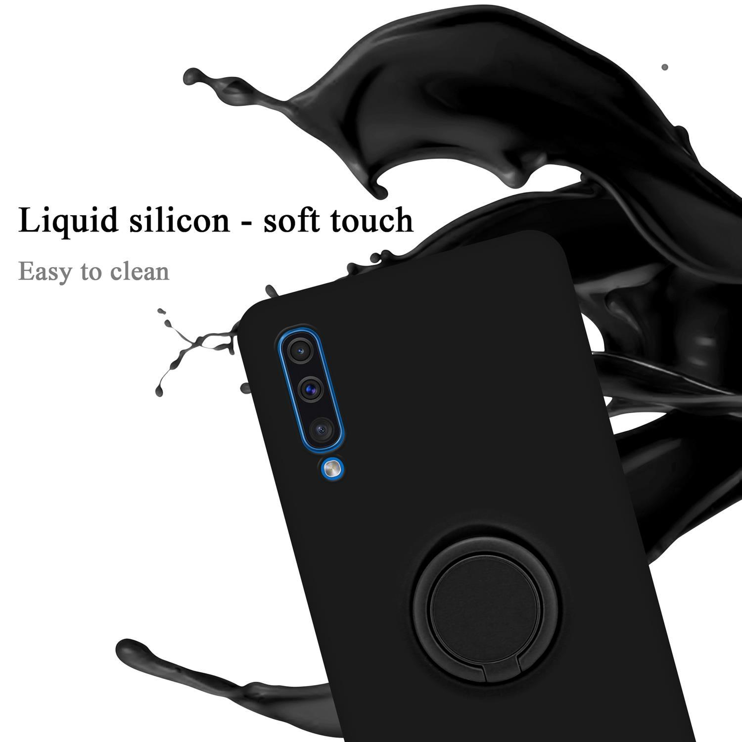 Custodia nera per telefono con supporto ad anello, silicone liquido e uno schizzo nero.