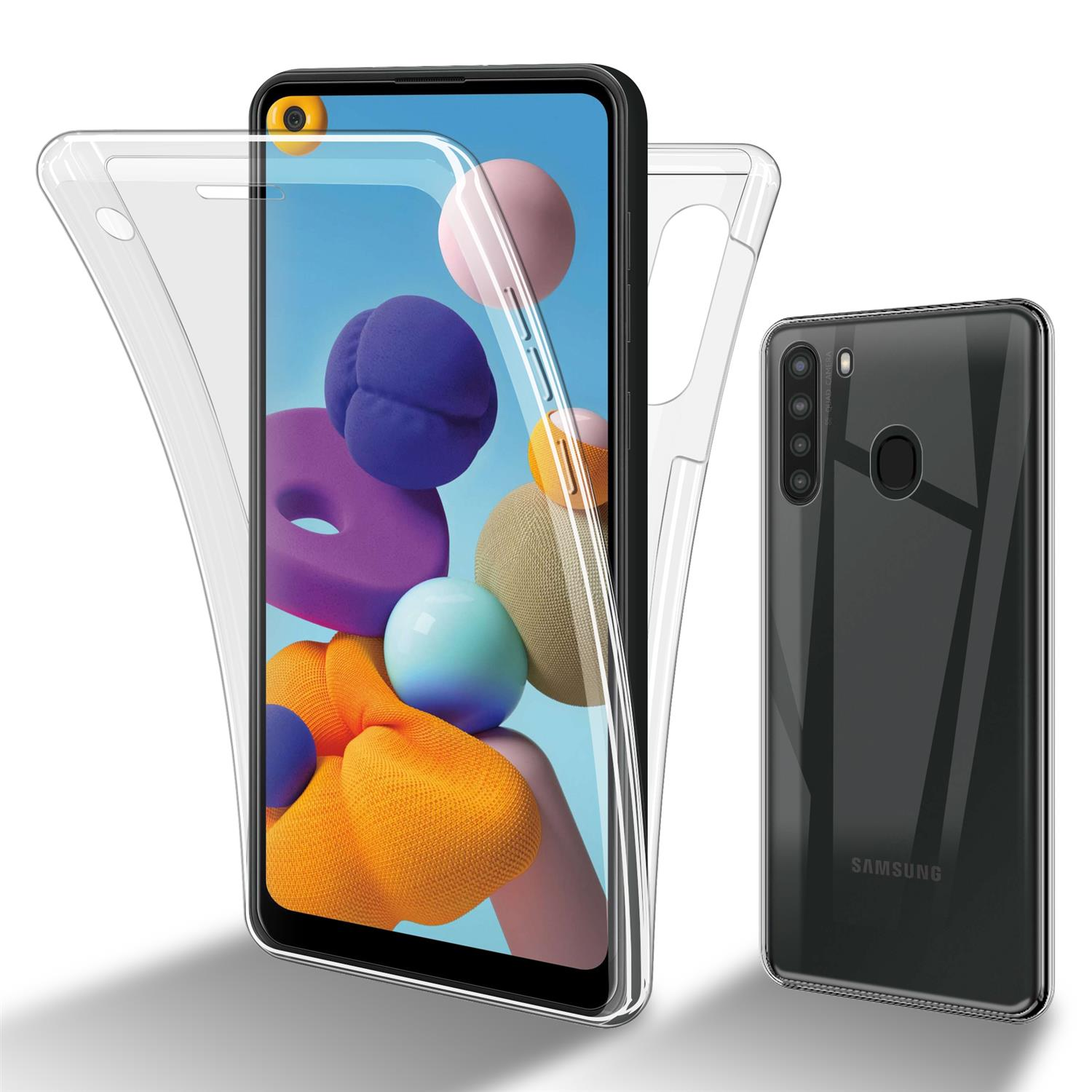 Transparente Handyhülle auf einem Samsung-Telefon. Weißer Hintergrund.