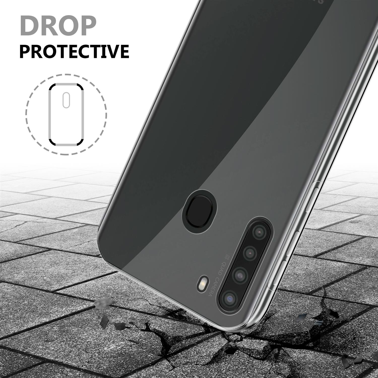 Eine Handyhülle auf einer gerissenen Oberfläche mit dem Text 'DROP PROTECTIVE' und einer Illustration.