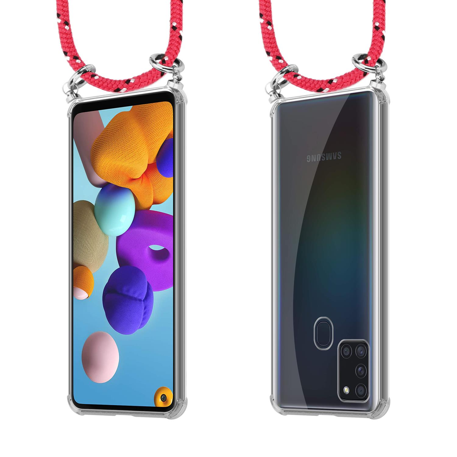 Due telefoni con custodie trasparenti e cordini rossi. Uno mostra lo schermo con oggetti colorati. L'altro, il retro.