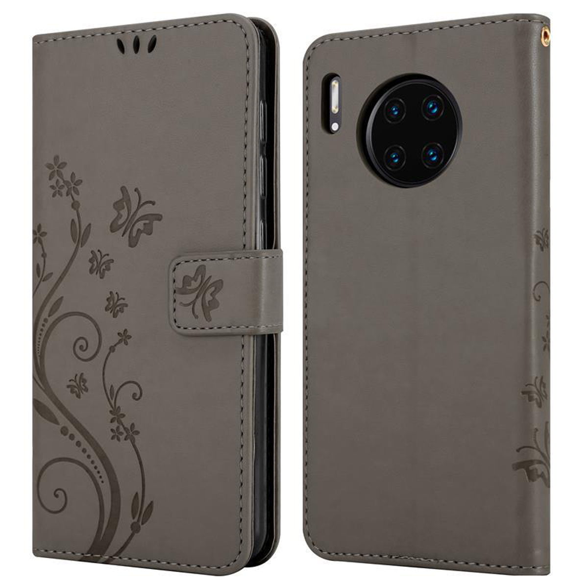 Custodia per telefono, di colore grigio, con un design floreale. È una custodia a portafoglio. Il retro ha una fotocamera e un flash.